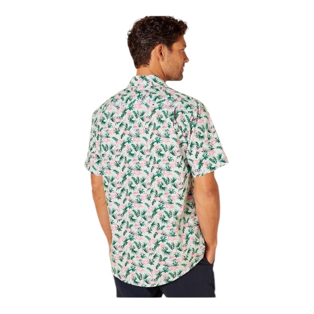 NWT Amazon Essentials Short-Sleeve Tropical Button-Down Shirt - Pink & Green S
